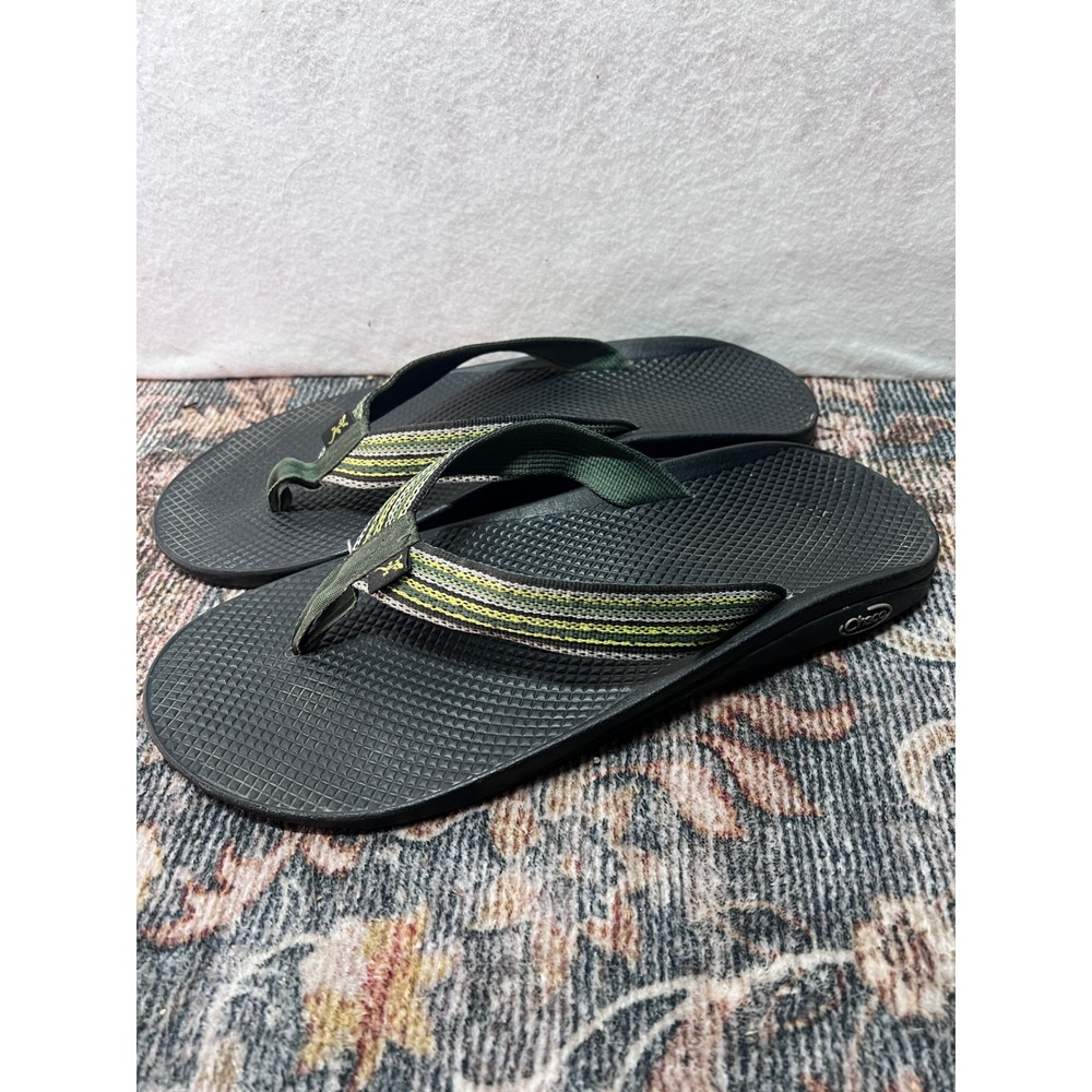 Chaco Flip Flop Sandals Black Green Striped Straps LUVSEAT Footbed Mens 7